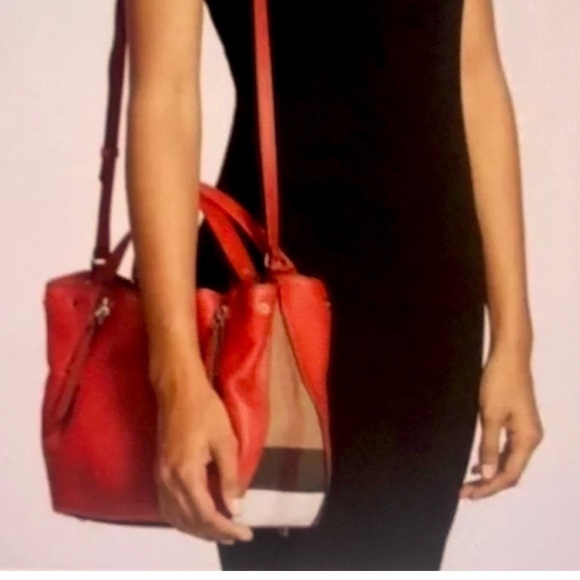 AUTHENTIC MAIDSTONE TOTE LEATHER AND HOUSE CHECK CANVAS RED BURBERRY - Picture 4 of 16